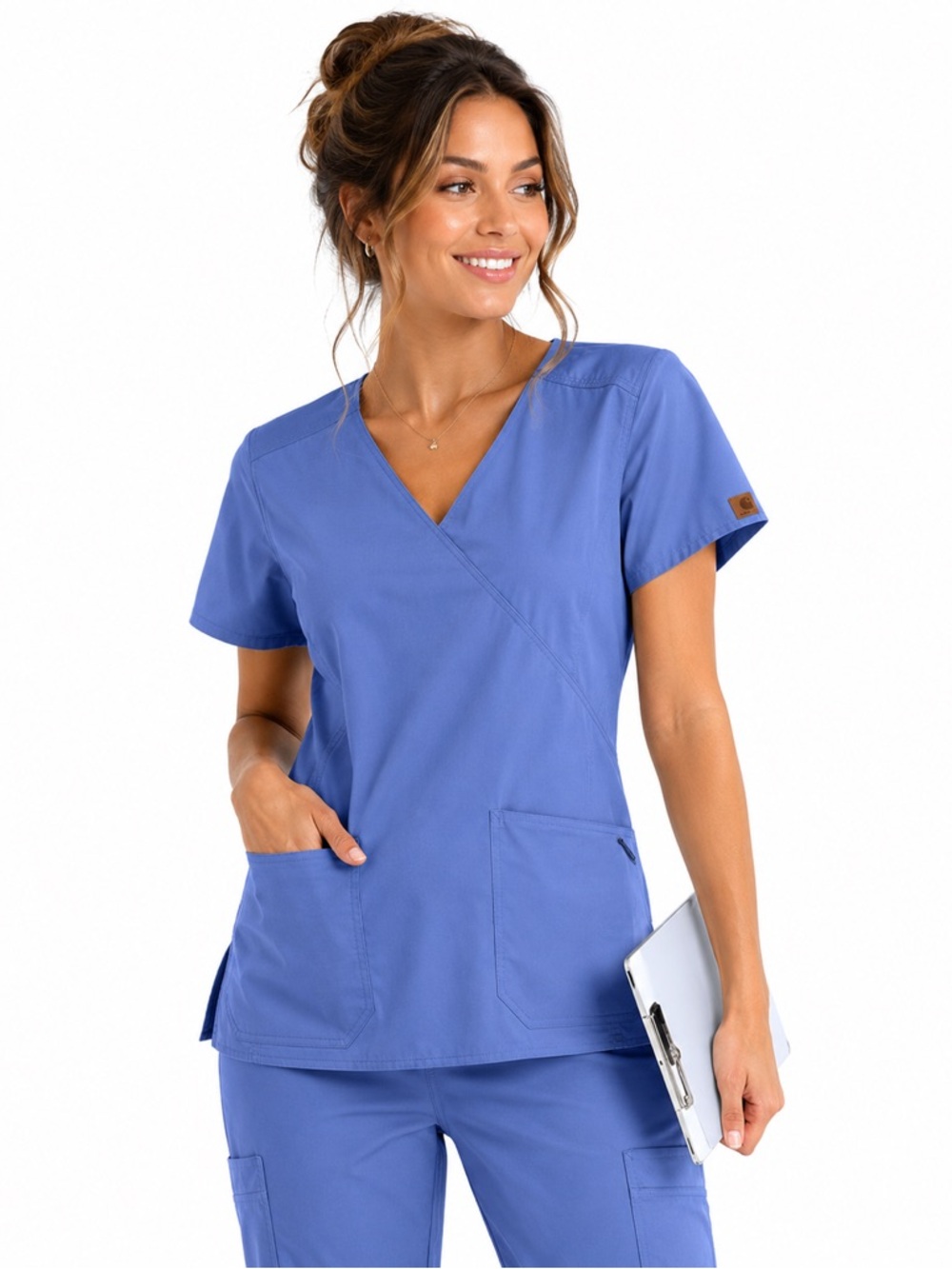Carhartt C10201 Blue Scrub Top Size Large V-Neck 2 Pockets Mock Wrap